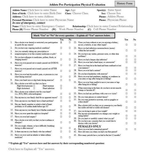 Athlete Pre Participation Evaluation Form
